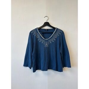 Assoluto Shirt Womens XL Blue Embroidered Scoop Neck 3/4 Sleeve Top Boho VTG Y2K